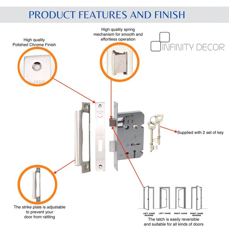 Infinity Decor Heavy Duty Polished Chrome 3 Lever Mortice Iron