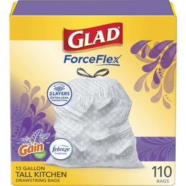 Glad ForceFlex - Bolsas de basura de cocina altas con cordón, 13 galones, color blanco, aroma de lavanda mediterránea con frescura Febreze 110 unidades (el paquete puede variar)