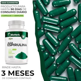 BioHerb® | Espirulina Orgánica 100% Pura | 180 Cápsulas | Superalimento de Origen Natural | Suplemento Alimenticio | Suministro para 90 Días | Calidad