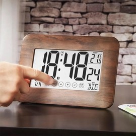 Digital Clock Alarm Clock, Radio-Controlled with Touch Screen – Calendar Display: Date, Day, Time + Temperature – 2 Alarms & Snooze Function – Wall Mounting or Standing – 7 Languages – Wood Effect