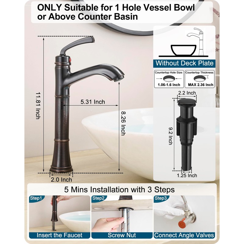 HEYMYTAP Brass Tall Bathroom Faucet 1 Hole, Oil Rubbed Bronze