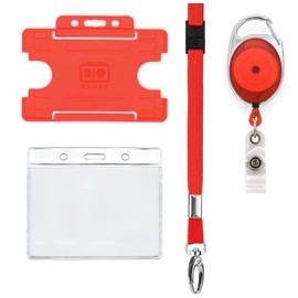 4 Piece ID Badge Set Red| Set Includes Metal Lobster Clip Lanyard, Retractable Badge Reel, & Badge Pocket & ID Card Badge Holder, 8 Colours PCL Media ltd