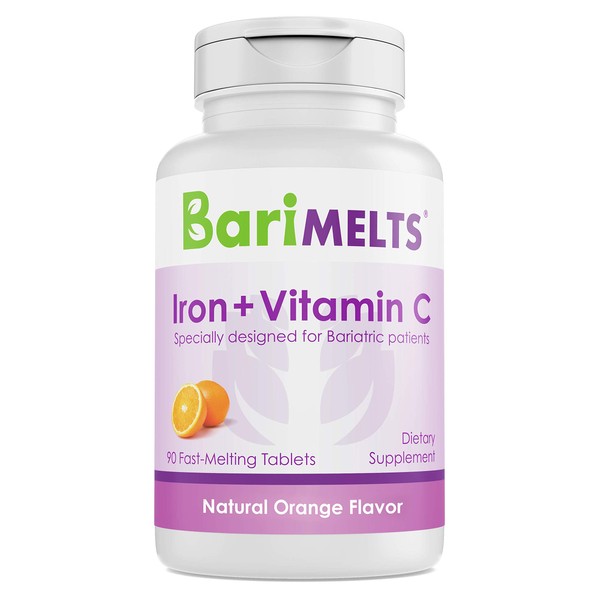 BariMelts Iron with Vitamin C, Dissolvable Bariatric Vitamins for WLS Patients Including Gastric Bypass and Sleeve Gastrectomy, Natural Orange Flavor, Sugar-Free - 90 Fast Melting Tablets