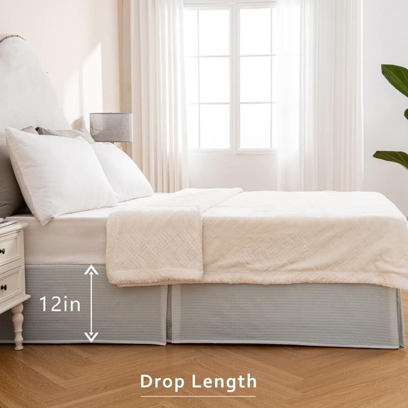 MIYE Pleated Waffle Weave Bed Skirt, Tailored Dust Ruffle 12