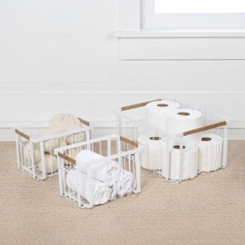 happimess BSK3003B-3SET Henley Vintage Farmhouse Wire Metal Nesting Storage Baskets with Jute Wrapped Handles for Shelves, Cabinets, Pantry, Countertop, Mesh Open Bin Basket, White (Set of 3)