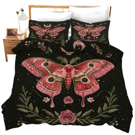 Juego de edredón de mariposas con estampado floral de polilla roja, juego de ropa de cama de luna estrellada, tamaño individual, matrimonial, tamaño king, para niñas, niños, adolescentes, adultos,