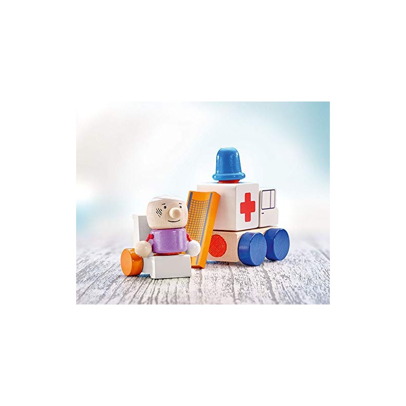 Selecta 62081 Wooden Ambulance Aviator Velcro Stacking Toy 7 Pieces
