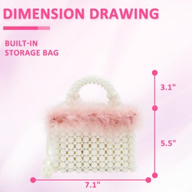 QTKJ Women Pearl Purse,Evening Bags, Artificial Pearl Clutch, Square Pink Feather Handbags, White Purse for Party Wedding Travel