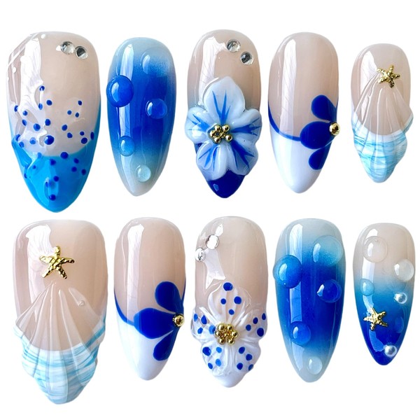 Handmade Press On Nails, 3D Floral Medium Almond Shape, Blue