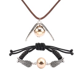 ZLESAGII Golden Snitch Necklace and Bracelet with Pendant Movie Lovers Fan Merch Gift 2pcs, Metal Leather