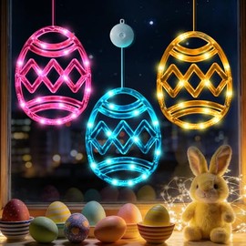 Paquete de 3 luces de Pascua para ventana con temporizador, funciona con pilas, LED colgantes, color rosa, amarillo, azul, con forma de huevo iluminado, decoración interior del hogar
