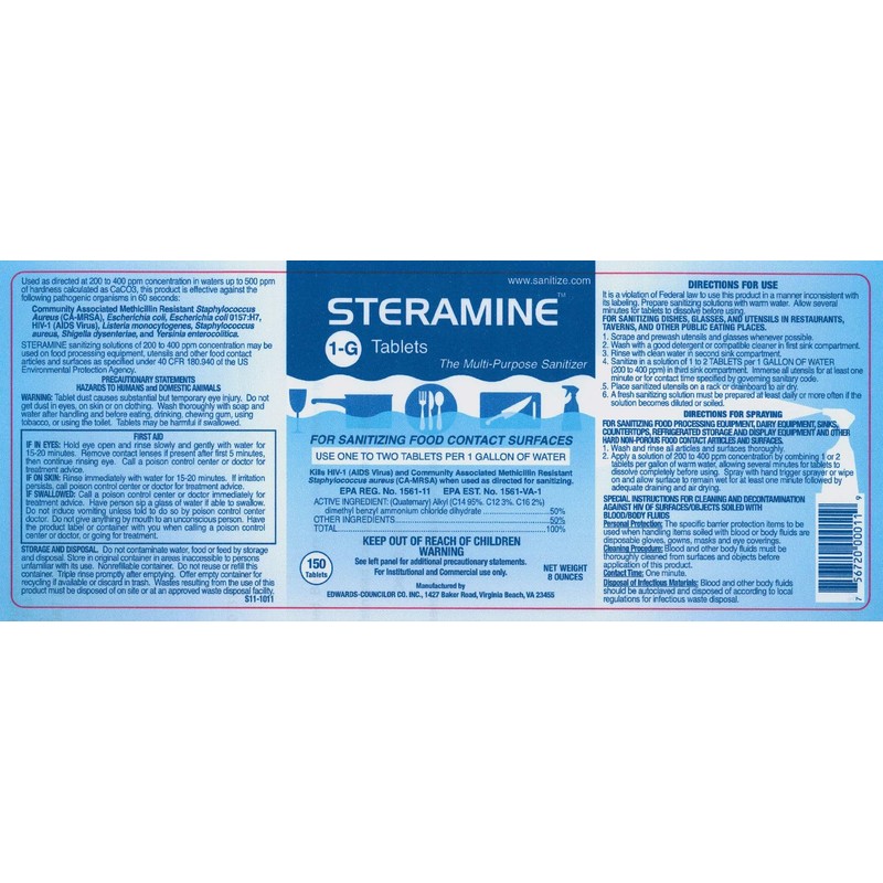 6 Bottles Steramine Sanitizer Tablets w/15 QT-10 Test Strip -