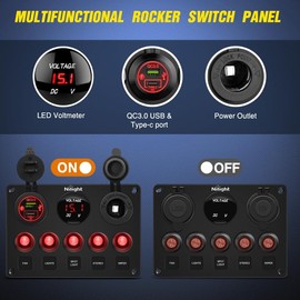 Nilight 5 Gang Multi Function Waterproof Switch Panel PD Type C and USB Socket Digital Voltmeter 12V Outlet Rocker with Inline Fuse for RVs Cars Boats Trucks Trailers Red