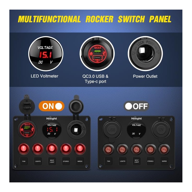 Nilight 5 Gang Multi Function Waterproof Switch Panel PD Type