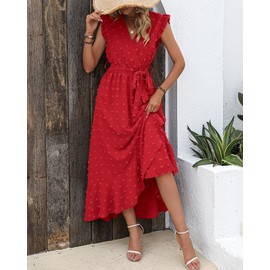 BTFBM Women V Neck Summer Dress 2025 Cap Sleeve Swiss Dot Boho Flowy Ruffle Slit Beach Party Long Maxi Cocktail Dresses(Red, Large)