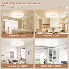 VOLISUN Low Profile Ceiling Fans with Lights and Remote, 23.6in Flush Mount Ceiling Fans with Light, 3000K-6500K Dimmable Fandelier LED Fan Light, Bladeless Ceiling Fans with Lights for Bedroom(White)