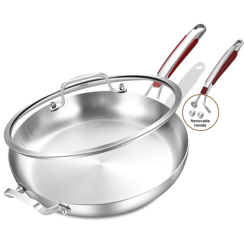 Inqibee 13-Inch Tri-Ply Stainless Steel Frying Pan with Lid and