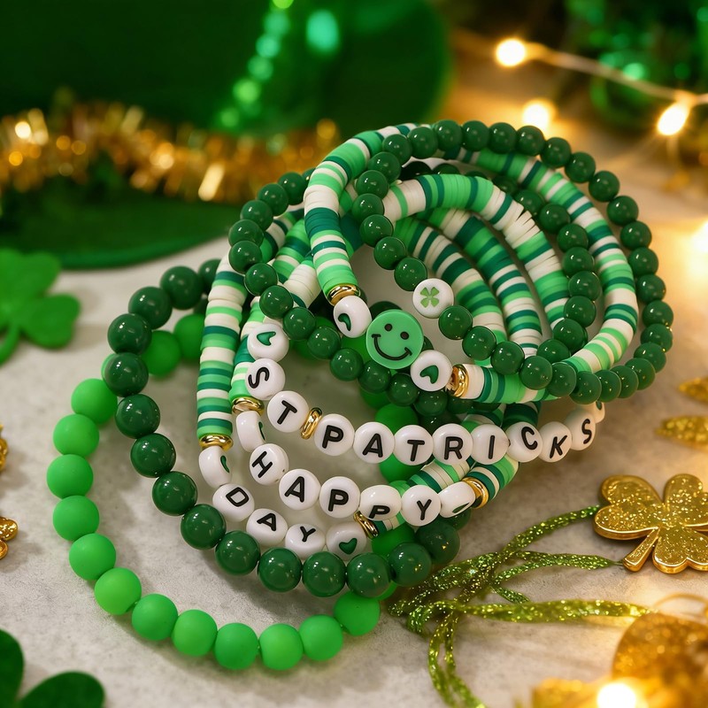 SHINUS BOHO St.Patrick's Day Green Beaded Bracelet for Women Men