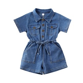 NANCHNEGGU Baby Girls Label Short Sleeves Button Pockets Elastic Waist Belted Denim Shorts Jumpsuit Overalls (Blue, 12-18 Months)