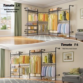 Timate F4 Wall Mounted Clothes Rack Industrial Pipe Clothing Rack for Hanging Clothes, Expandable Garment Rack Heavy Duty Wardrobe Closet Organizer and Storage, Black Adjustable Industrial Closet Kit