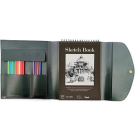 INNOYUMLIN Sketchbook cover with pencil holder, Artist sketchbook leather cover artis Gifts, Drawing book and pencil case, Art book for drawing (for 5.5" x 8.5" Sketchbook)