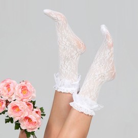 Geyoga 4 Pairs Women's Lace Ankle Socks Ruffle Frilly Socks Mesh Cute Dress Socks for Women Ladies Princess Accessories(Medium,Black, White, Gray)