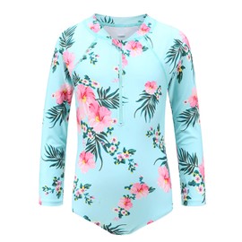 Big Girls One Piece Bathing Suits Long Sleeve Zipper Swimsuits UPF 50+/Sun Protection Rash Guard Size 12/10-12 Green Flowers