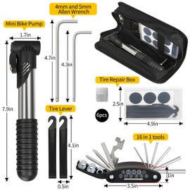Bike Repair Kit, Bicycle Repair Bag With Tire Pump, Bike Tool Kit for Camping Cycling, 16-in-1 Bike Multitool, Bicycle Tire Repair Kit, 4mm and 5mm Allen Wrenches, Used for Mountain Bike and Road Bike