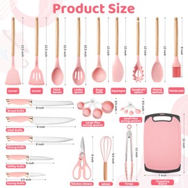 LSFCHUJU 37 PCS Kitchen Utensils Set, Silicone Cooking Utensils Set with Knife Set and Holder, Wooden Handle Kitchen Tool Set (Pink)