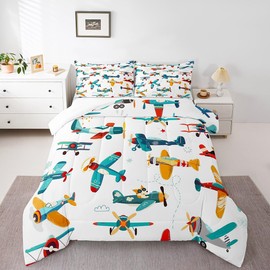 Castle Fairy Teal Airplane Comforter Set Queen Size Aircraft Print Bedding Set for Kids Boys Girls Bedroom Decoration Colorful Airplanes Bed Duvet Insert Airplane Flying Comforter with 2 Pillowcase