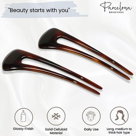 Parcelona French Long Duo Tortoise Shell Marrón Grande 12,1 cm Celuloide Set de 2 alfileres para moño Chignon para niñas y mujeres