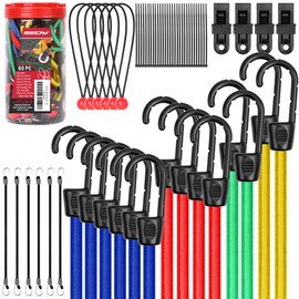 SEDY 60-Piece Bungee Cords Assorted Sizes - 10" 18" 24" 32" 40" Bungee Cords with Hooks, Bungee Cords Heavy Duty Outdoor, Large Medium Small Mini Elastic Canopy Tarp Bungee Ball Ties Tarp Clips Organizer