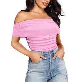 SAUNGKUAI Women's Off Shoulder Sleeveless Bodysuit Double Lined Shirts Leotard Mesh Ruched Thong Body Suits Outfits Pink M