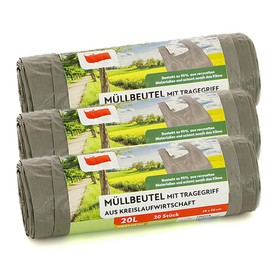 Bin Liners with Carry Handle, Grey, 95% Recycled Material (Grey 20 L, Pack of 3)