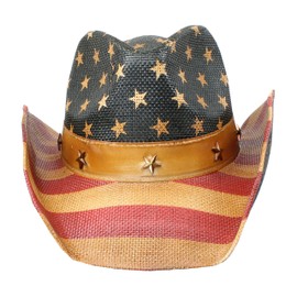Vintage Tea-Stained USA American Flag Cowboy Hat w/ Western Shape-It Brim, One Size