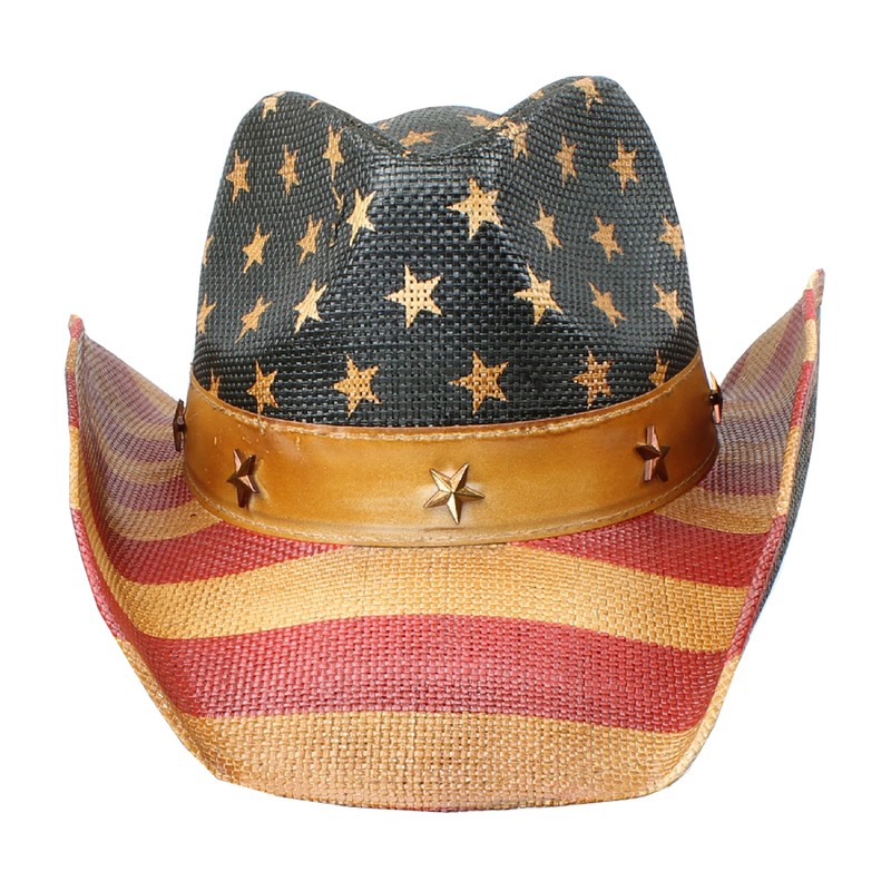 Vintage Tea-Stained USA American Flag Cowboy Hat w/ Western Shape-It