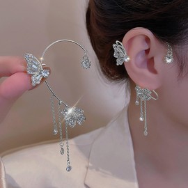 Butterfly Tassel Style Zircon Earrings for Women, Sparkly Dainty Flower Rhinestone Wrap Around No Piercing Silver Fairy Earrings for Teen Girls Jewelry Gifts (Butterfly1)