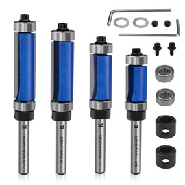 Konvixon 4Pcs Top and Bottom Bearing Flush Trim Router Bits Set 1/4 Inch Shank, Pattern Flush Trim Router Bit with 2 Extra Bearing Kits, 1/2 Inch Cutting Dia., 3/4", 1", 1-1/4", 1-1/2" Cutting Length