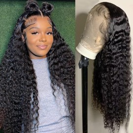 miear Deep Wave Lace Front Wigs Human Hair 180% Density HD Transparent 13x4 Deep Curly Lace Front Wigs Pre Plucked with Baby Hair Glueless Wigs Human Hair for Black Women 32Inch