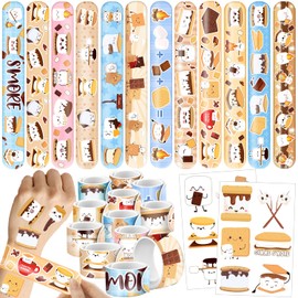 YYMYMGJ 96Pcs Smores Party Favors 24PCS Smores Slap Bracelets 72PCS Smores Temporary Tattoos Camping Party Decorations Supplies Goodie Bag Fillers for Kids Classroom Prizes Gift