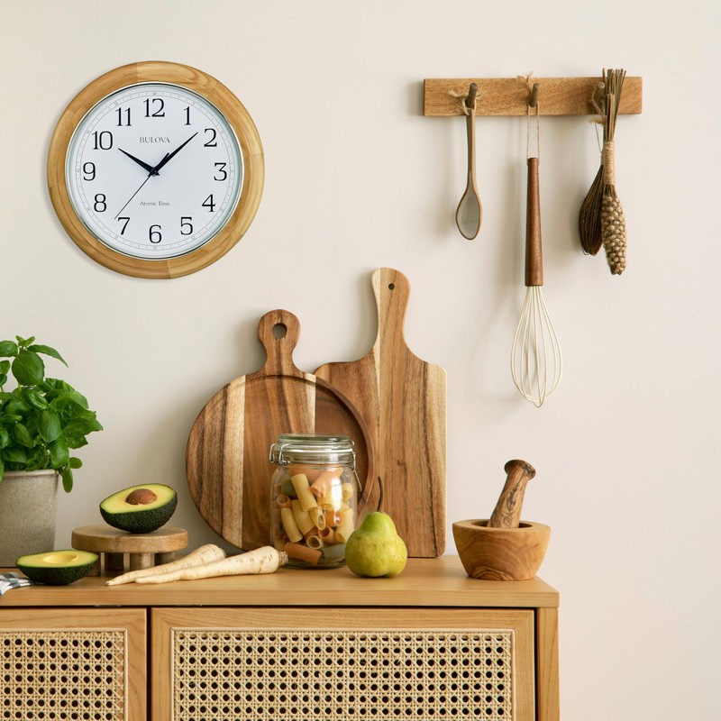 Bulova C5005 Wooden Atomic Analog Wall Clock | Automatically Sets