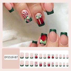 LPOODDNU Christmas Press on Nails Short Square Fake Nails Christmas Stick Bow Glue on Nails Green Glitter French Tip Stick on Nails Christmas False Nails Press ons for Women Girls DIY Nail Art 24Pcs