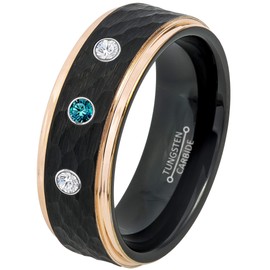 0.21ct Blue and White Diamond 3-Stone Tungsten Ring - April Birthstone - 8MM Two-Tone Black Hammered Center Rose Gold IP Stepped Edge Comfort Fit Unisex Wedding Anniversary Band -11