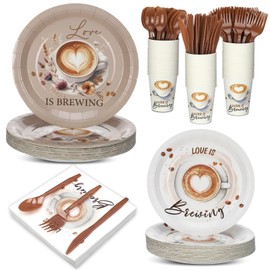Yungyan 252 Pcs Love Is Brewing Coffee Bridal Shower Party Tableware Set Love Is Brewing Plates Napkins Cups Cutlery for Coffee Lovers Bachelorette Party Decorations Supplies 36 Guests