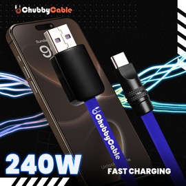 chubbycable Black Chubby Pro - Samurai Cable 240W USB-C Cable Silicone Fast Charging Type C Charger Cord, Light Blue, USB-A to Type-C, 6.6FT