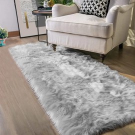 Latepis 2x8 Runner Rug Non-Slip Grey Fluffy Rugs for Bedroom Washable Carpet Faux Sheep Skin Rug Fur Rug for Living Room Home Decor Rectangle