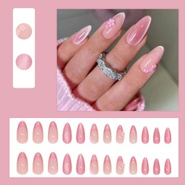 24 Pcs Spring Press on Nails Short Almond,YIHONGYAN Pink Cat Eye Fake Nails Press ons Flowers French Nail Tip Acrylic Nail Art Kit Glue on Nails Full Cover False Nails Glitter Stick on Nails for Women