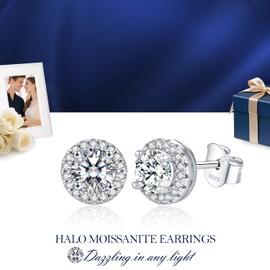 LAVUMO Round Cut Moissanite Stud Earrings, 925 Sterling Silver, Women's Jewellery