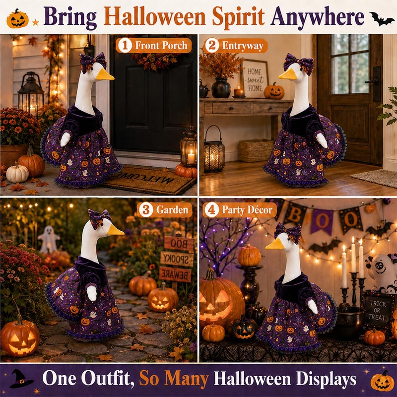 Halloween Porch Goose Outfits, Purple Pumpkin Goose Dress