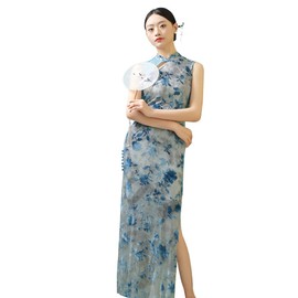 ROYAL SMEELA Chinese Qipao Dress for Women Sleeveless Patterned Cheongsam Mandarin Women's Chinese Dresses Clothes Black